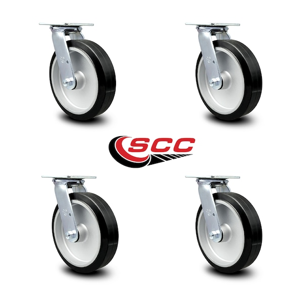 8 Inch Rubber On Aluminum Wheel Swivel Caster Set With Roller Bearings SCC